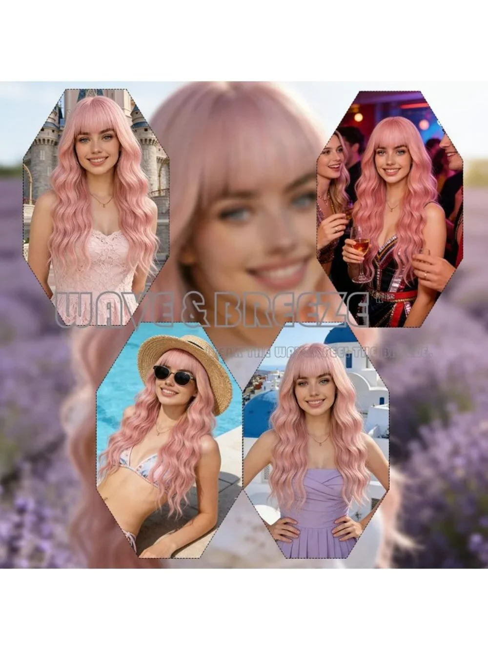 26 Inch Women's Light Pink Soft Layered Wavy Curly Hair Wig with Natural Shine